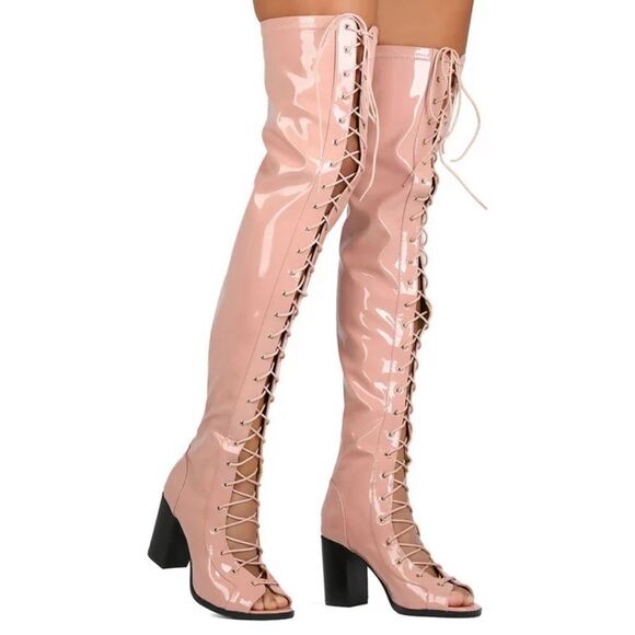 Cape Robbin light Pink Patent Synthetic Thigh High LaceUp Chunky Heel Bo… - Picture 1 of 12
